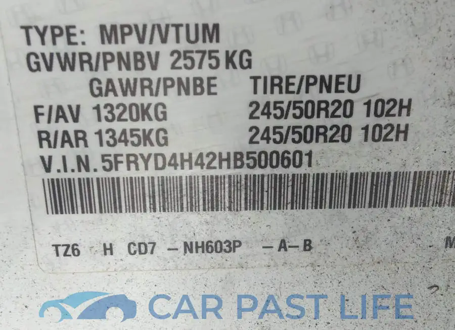 5FRYD4H42HB500601# 9