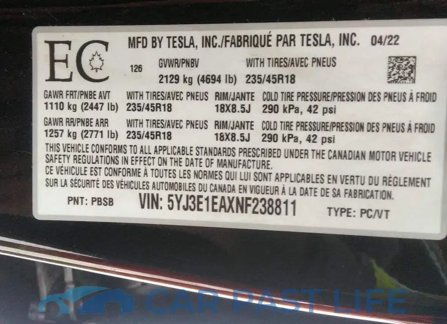 5YJ3E1EAXNF238811# 9