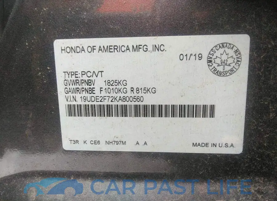 19UDE2F72KA800560# 9