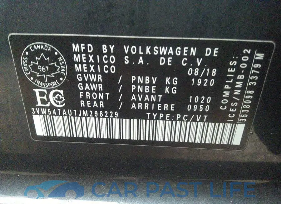 3VW547AU7JM296229# 9