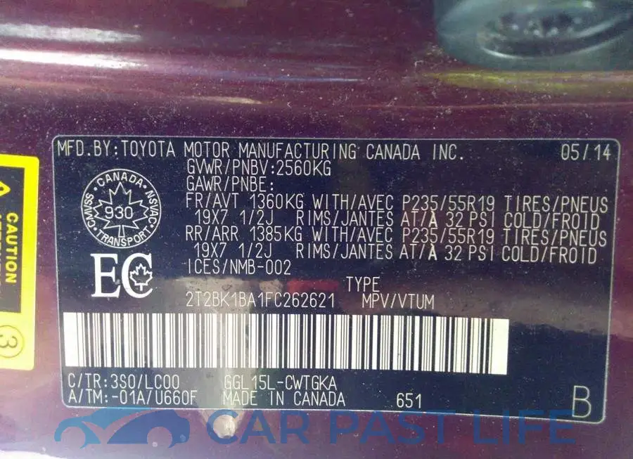 2T2BK1BA1FC262621# 9