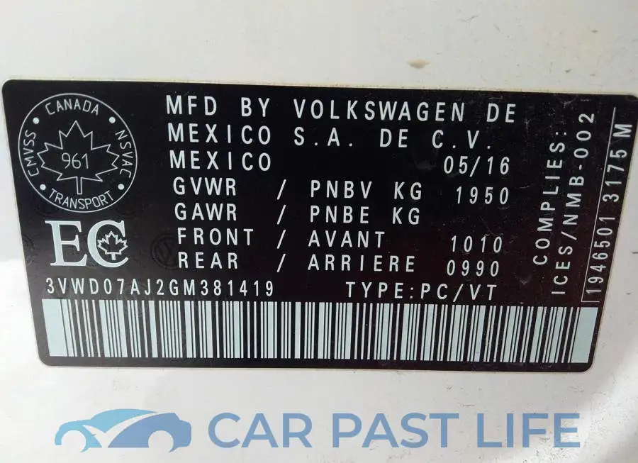 3VWD07AJ2GM381419# 9