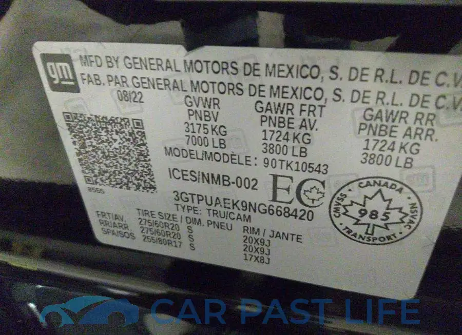 3GTPUAEK9NG668420# 9