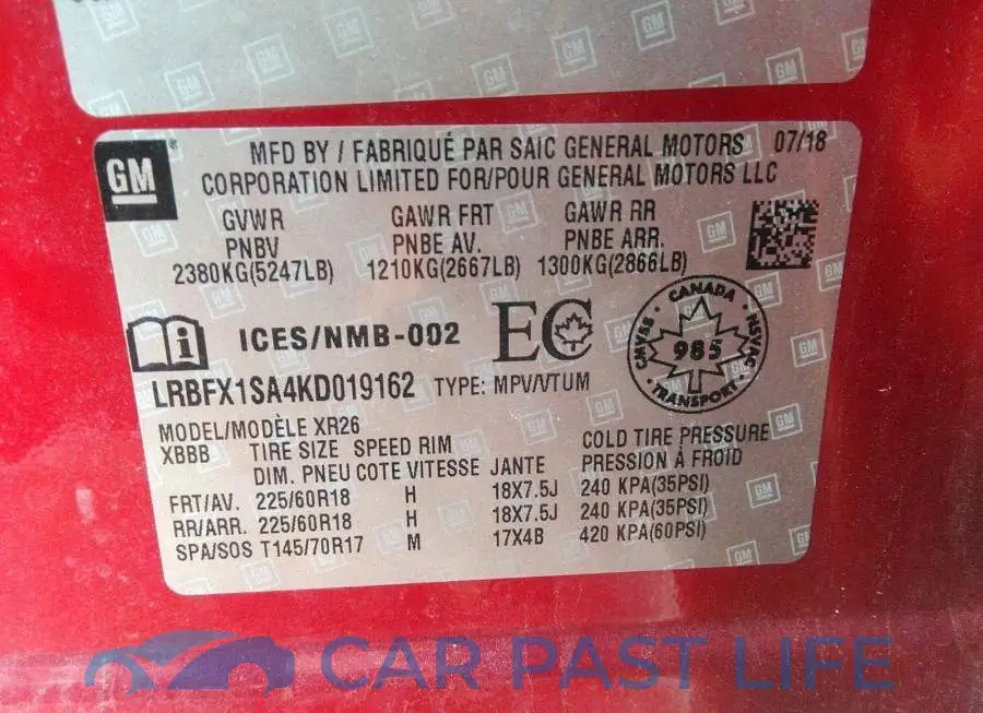 LRBFX1SA4KD019162# 9