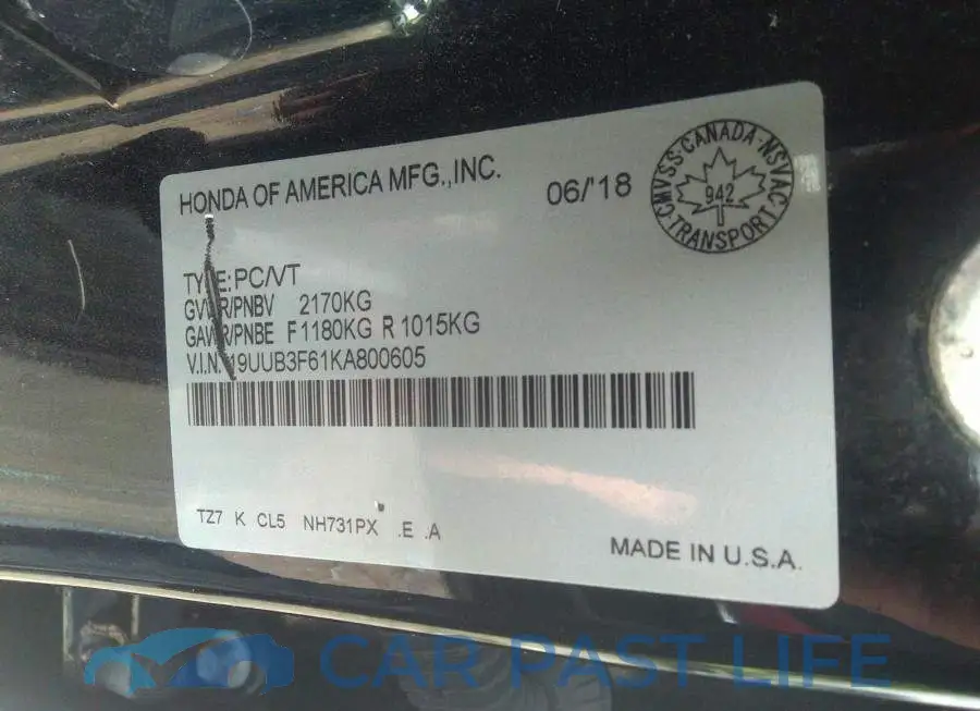 19UUB3F61KA800605# 9