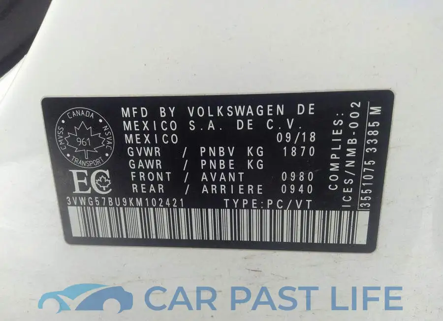 3VWG57BU9KM102421# 9