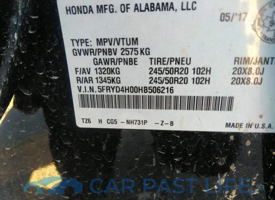 5FRYD4H00HB506216# 9