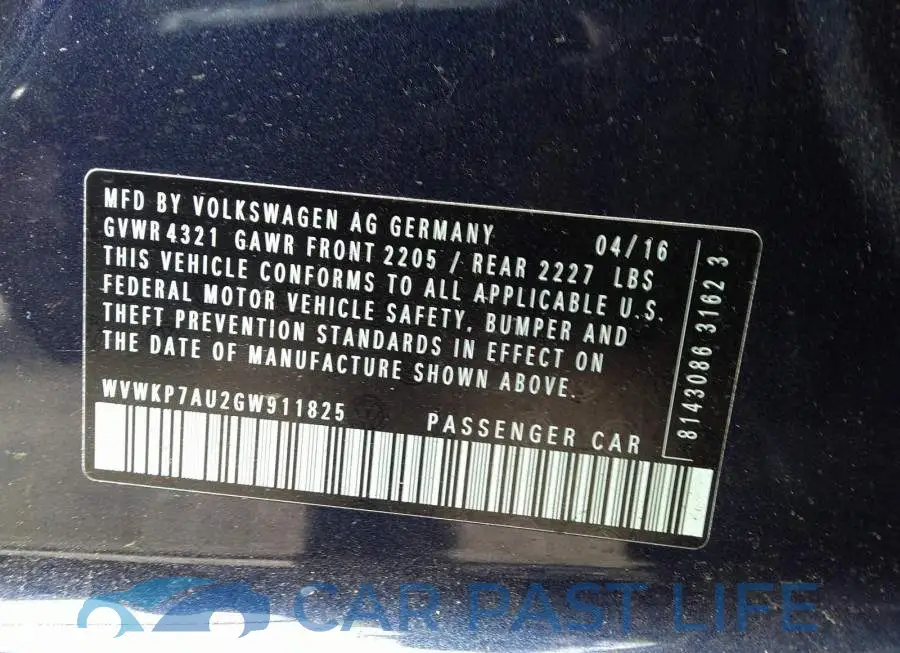 WVWKP7AU2GW911825# 9