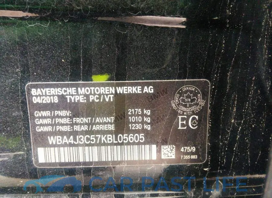 WBA4J3C57KBL05605# 9