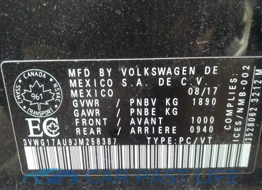3VWG17AU9JM258387# 9