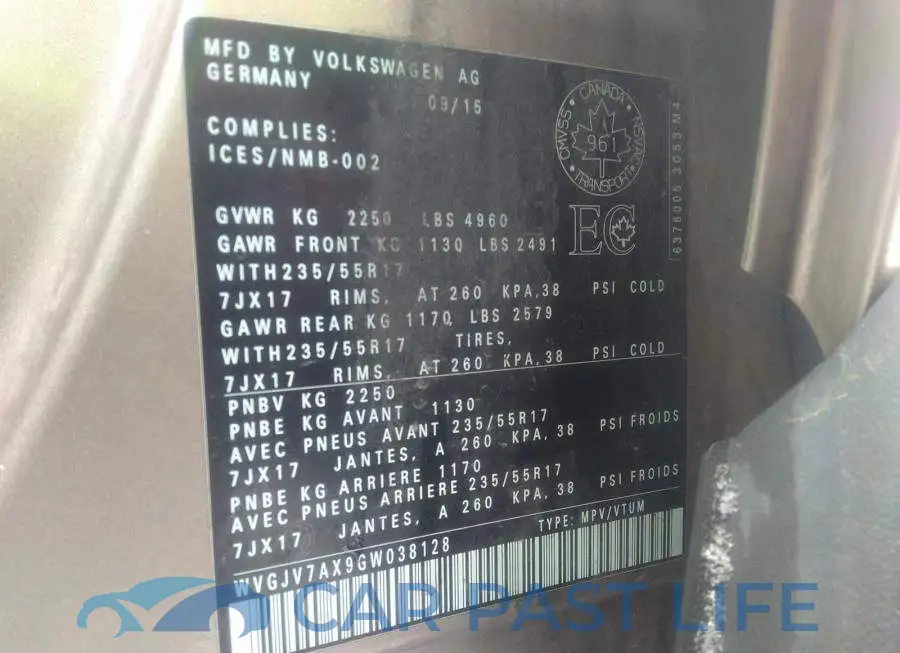 WVGJV7AX9GW038128# 9