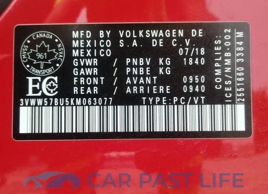 3VWW57BU5KM063077# 9