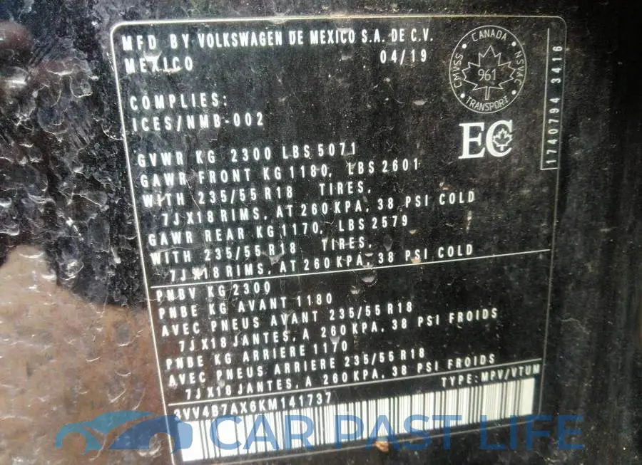3VV4B7AX6KM141737# 9