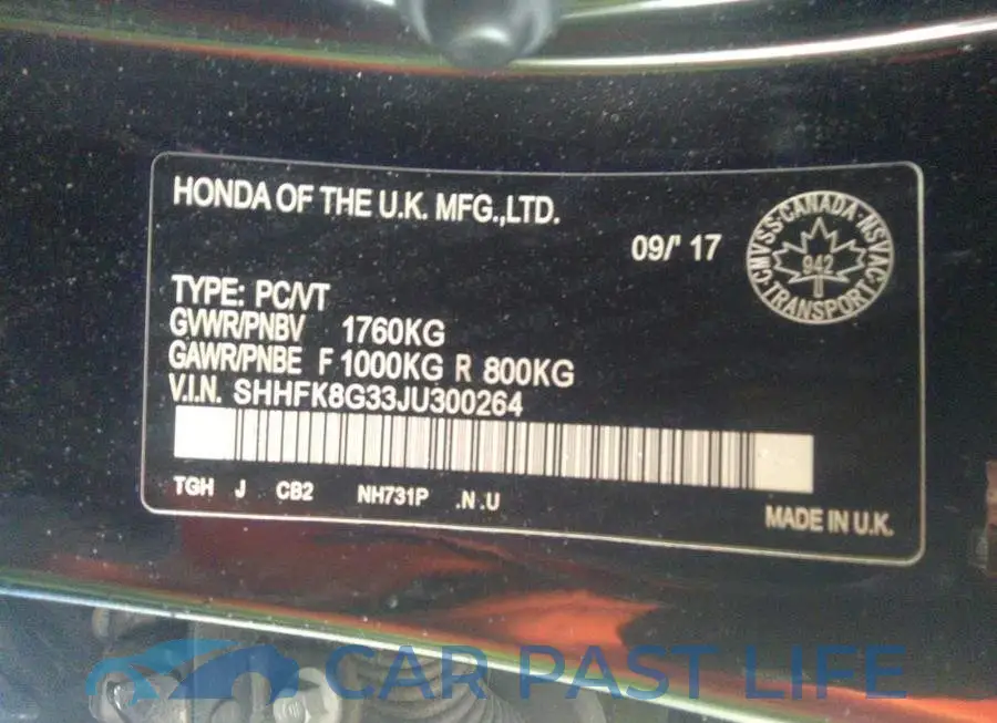 SHHFK8G33JU300264# 9
