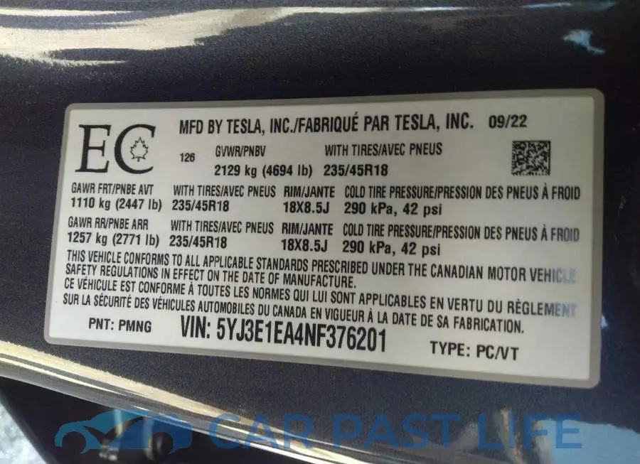 5YJ3E1EA4NF376201# 9