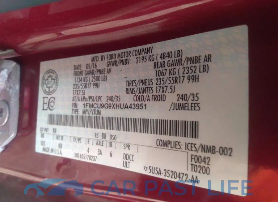1FMCU9G9XHUA43951# 9