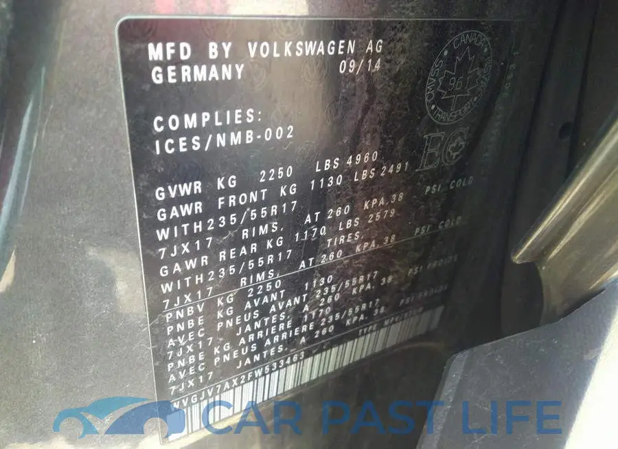 WVGJV7AX2FW533463# 9