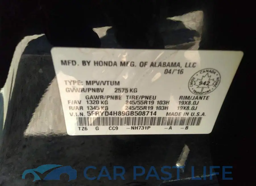 5FRYD4H89GB508714# 9
