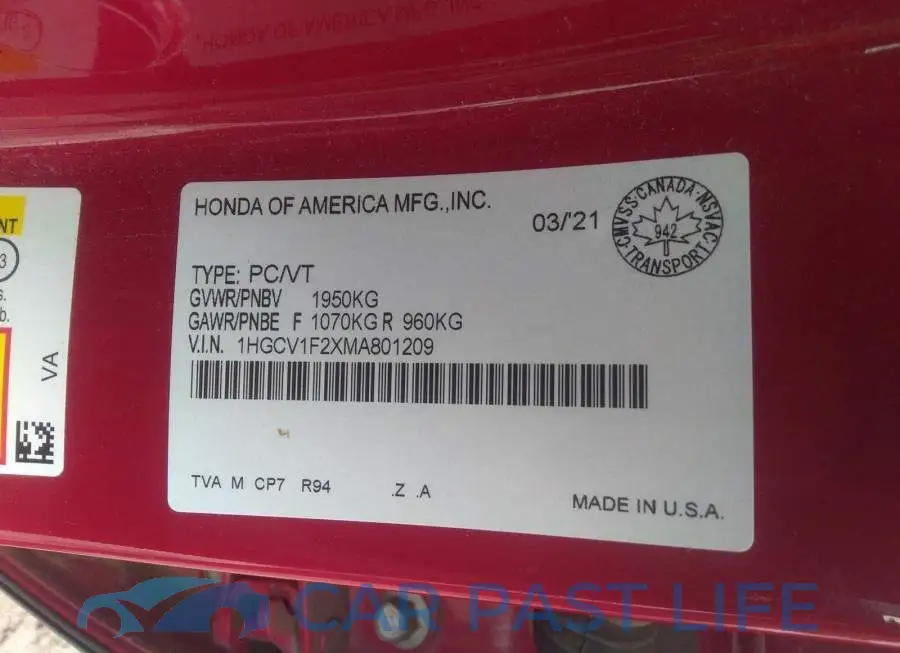 1HGCV1F2XMA801209# 9