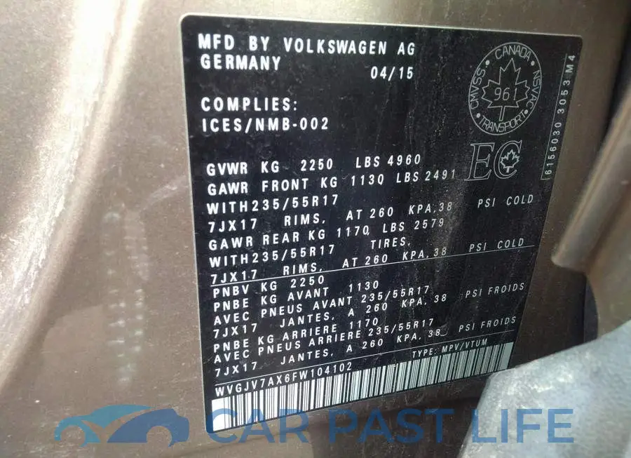 WVGJV7AX6FW104102# 9