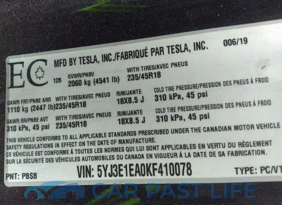 5YJ3E1EA0KF410078# 9