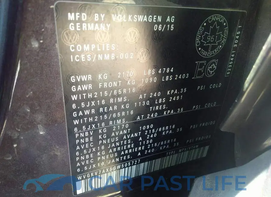WVGKV7AX5GW505727# 9