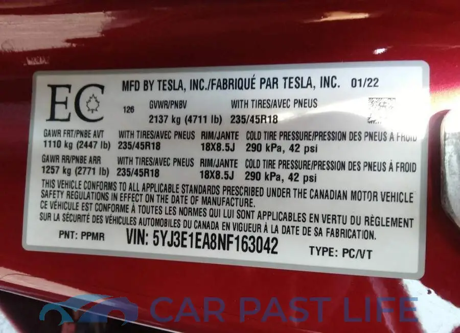 5YJ3E1EA8NF163042# 9