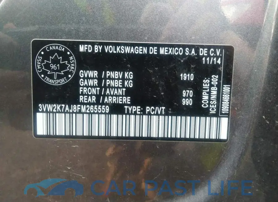 3VW2K7AJ8FM265559# 9