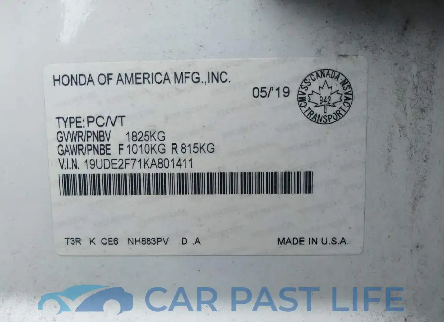 19UDE2F71KA801411# 9