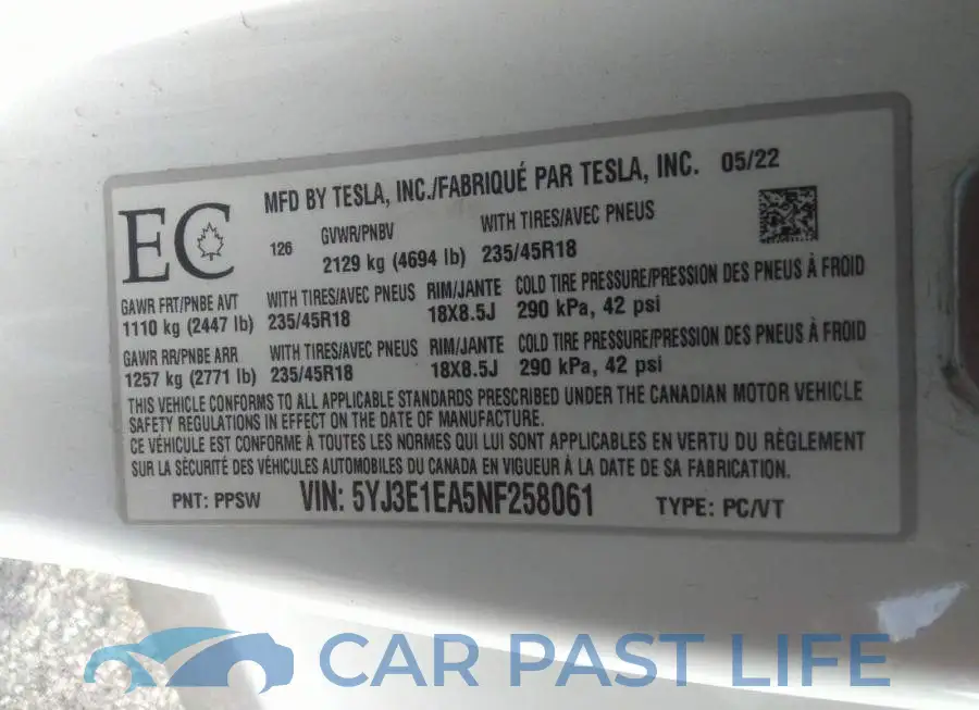 5YJ3E1EA5NF258061# 9