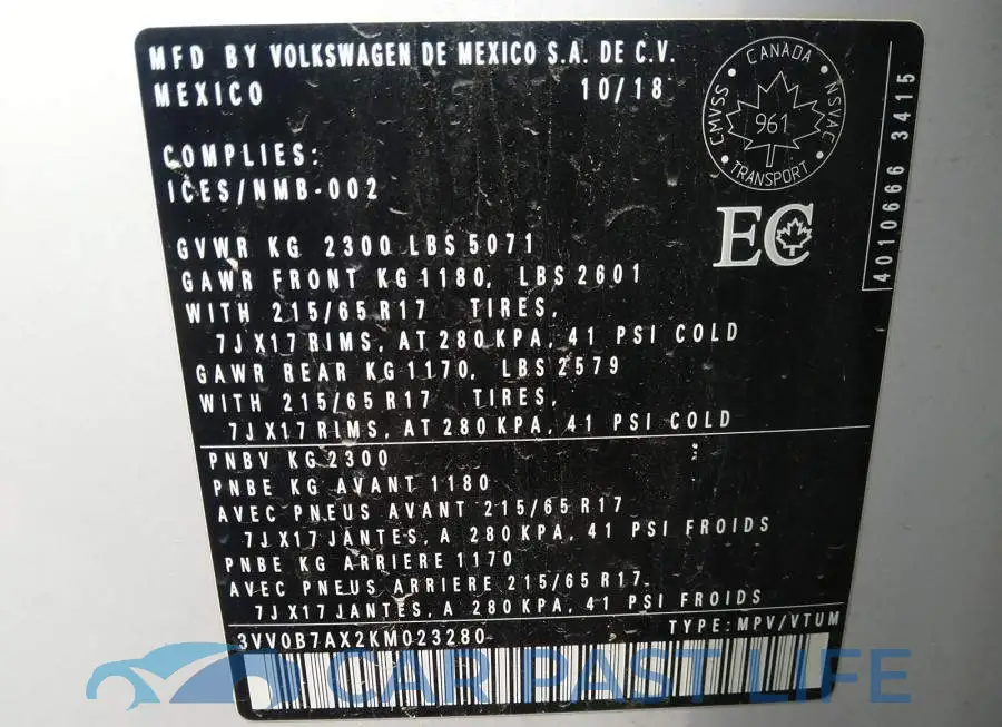 3VV0B7AX2KM023280# 9