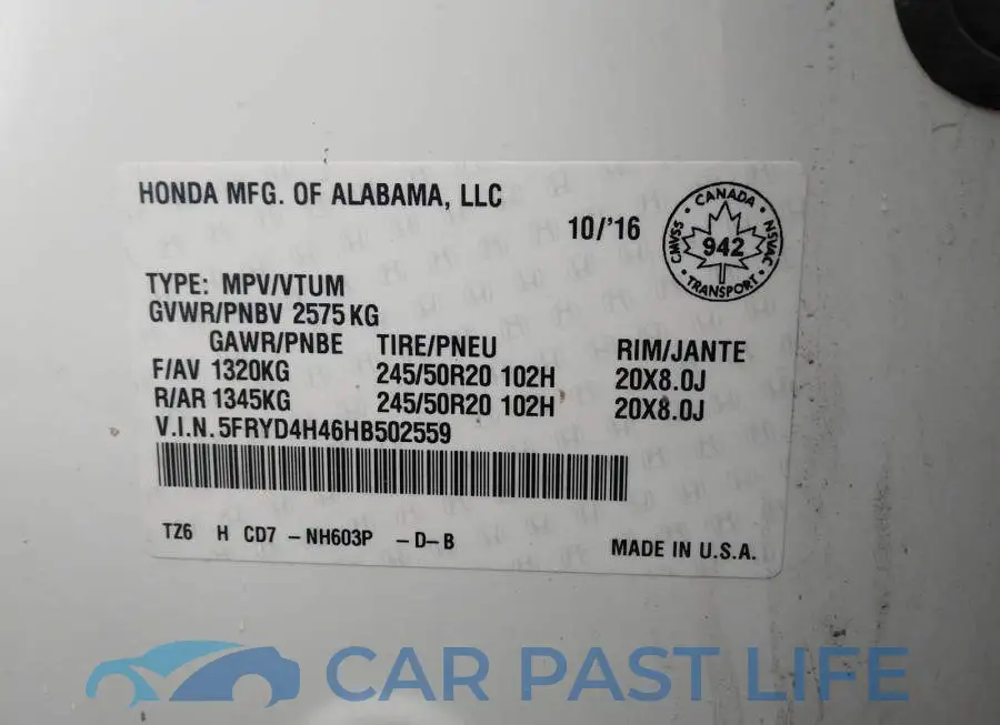 5FRYD4H46HB502559# 9