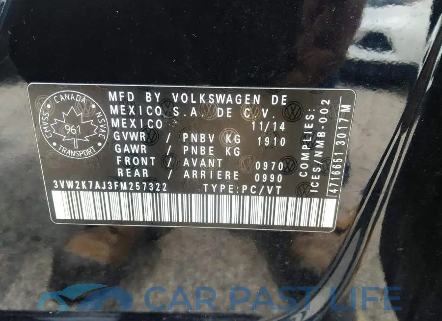 3VW2K7AJ3FM257322# 9