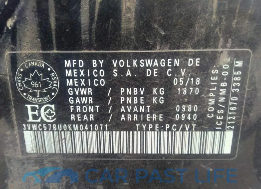 3VWC57BU0KM041071# 9