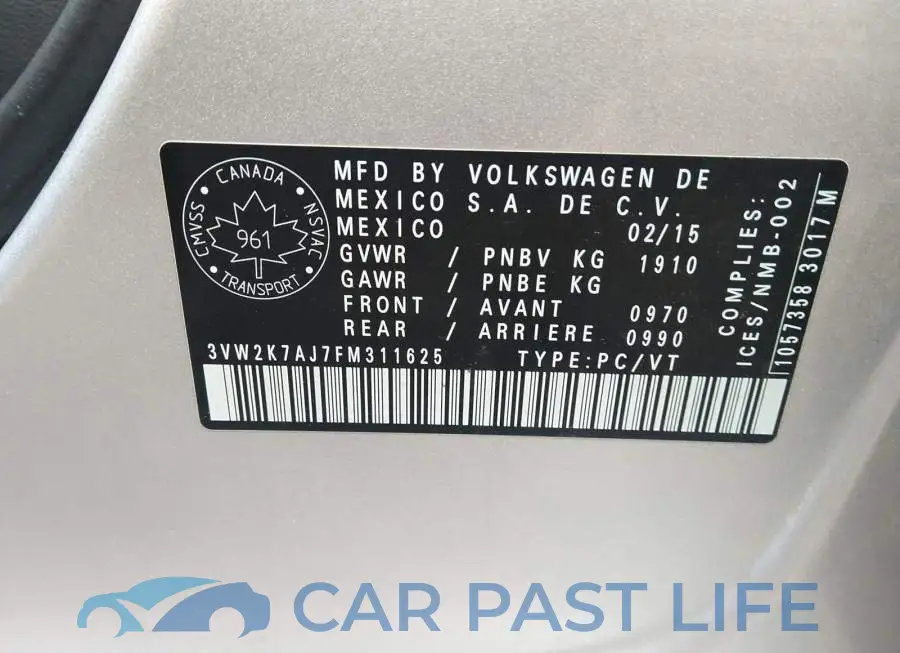 3VW2K7AJ7FM311625# 9