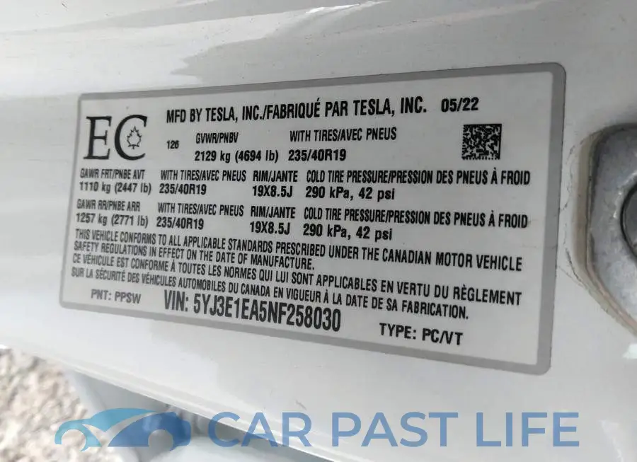 5YJ3E1EA5NF258030# 9