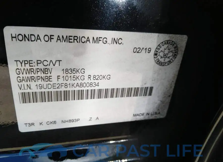 19UDE2F81KA800834# 9