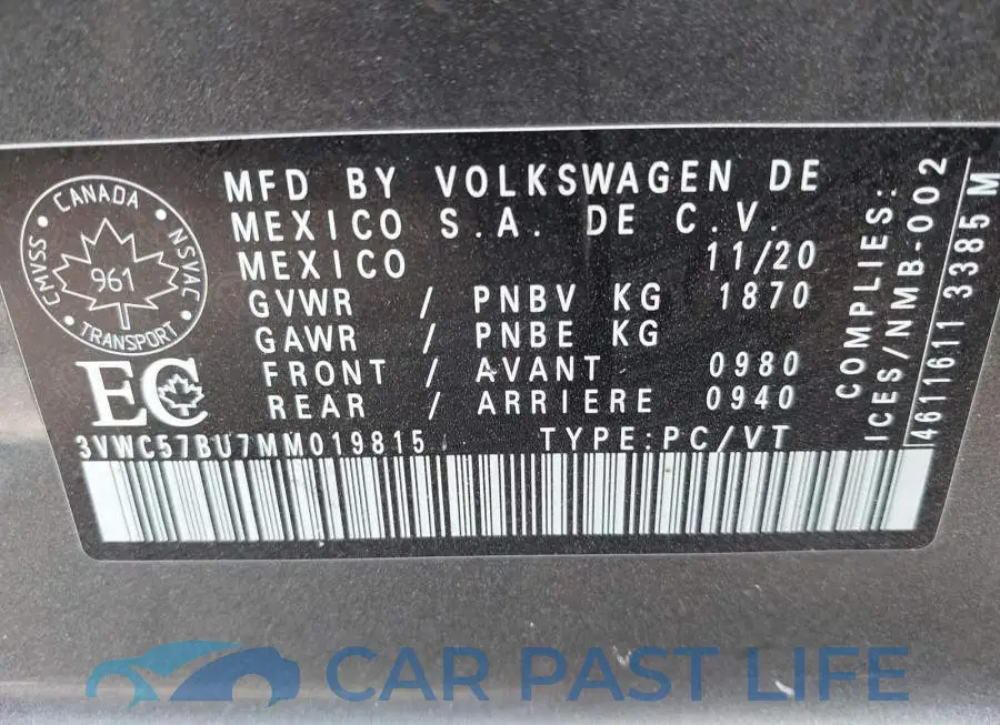 3VWC57BU7MM019815# 9