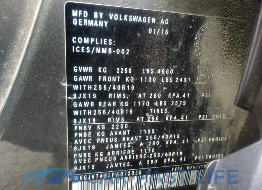 WVGJV7AX3FW073035# 9