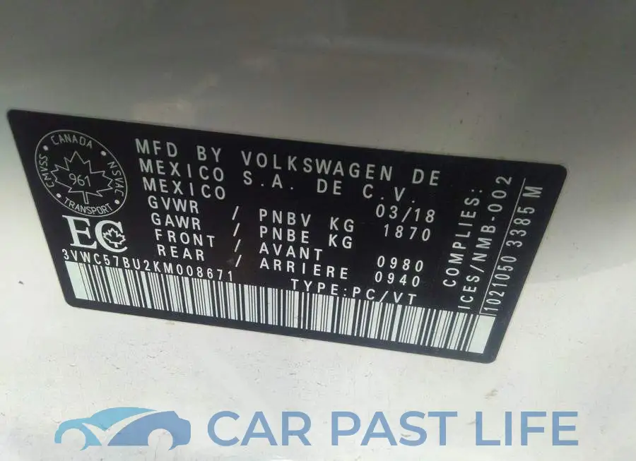 3VWC57BU2KM008671# 9