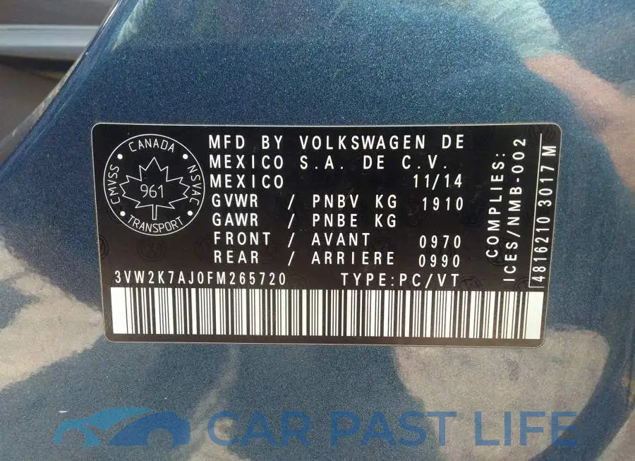 3VW2K7AJ0FM265720# 9