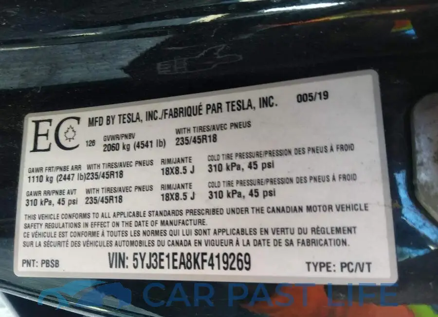 5YJ3E1EA8KF419269# 9