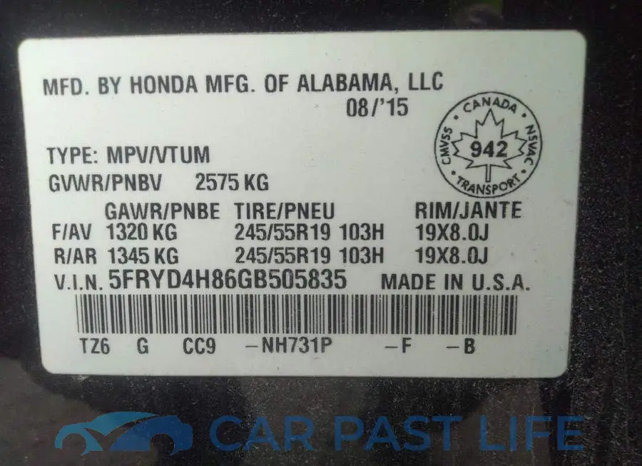 5FRYD4H86GB505835# 9