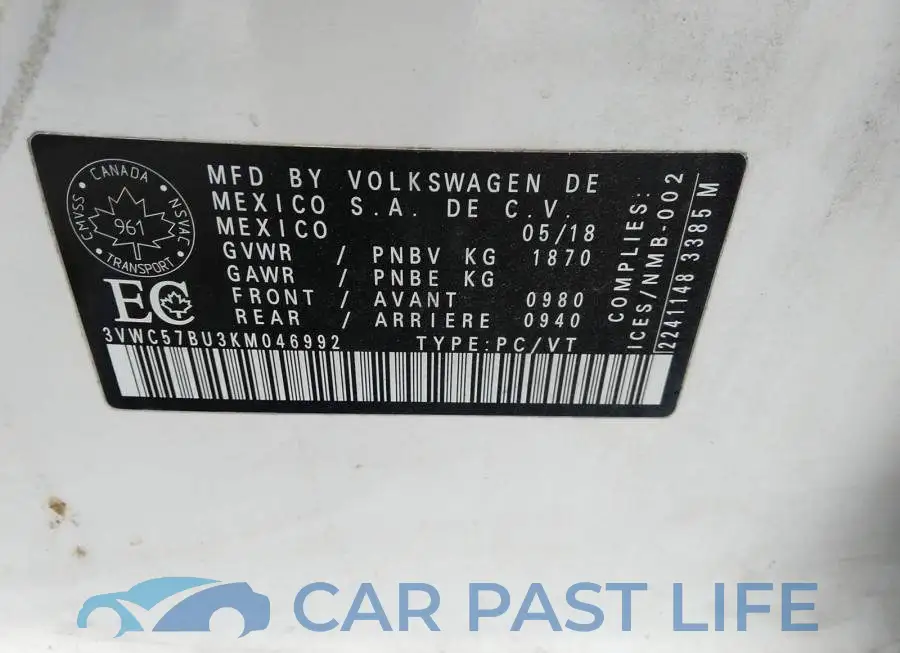 3VWC57BU3KM046992# 9
