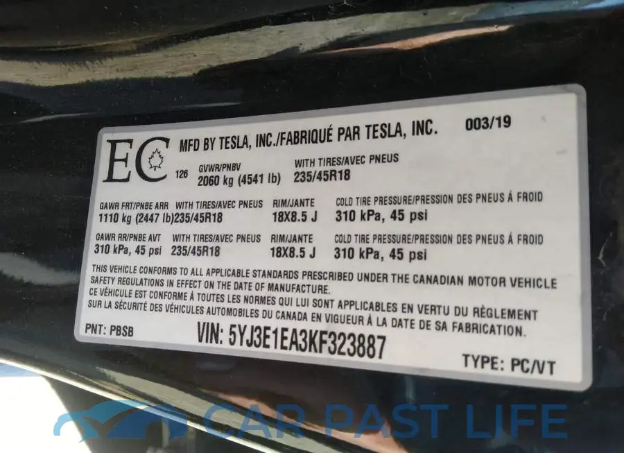 5YJ3E1EA3KF323887# 9