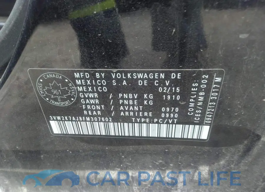 3VW2K7AJ8FM307602# 9