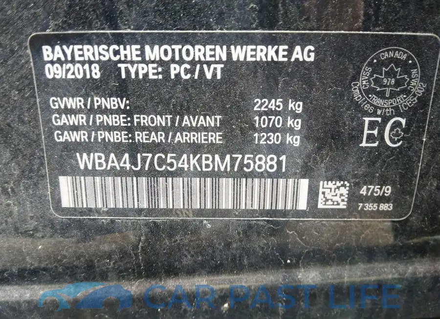 WBA4J7C54KBM75881# 9