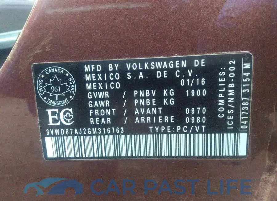 3VWD67AJ2GM316763# 9