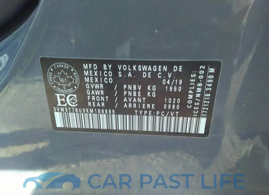3VW5T7BU9KM188889# 9