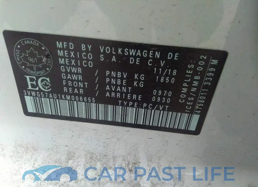3VWG57AU1KM006655# 9
